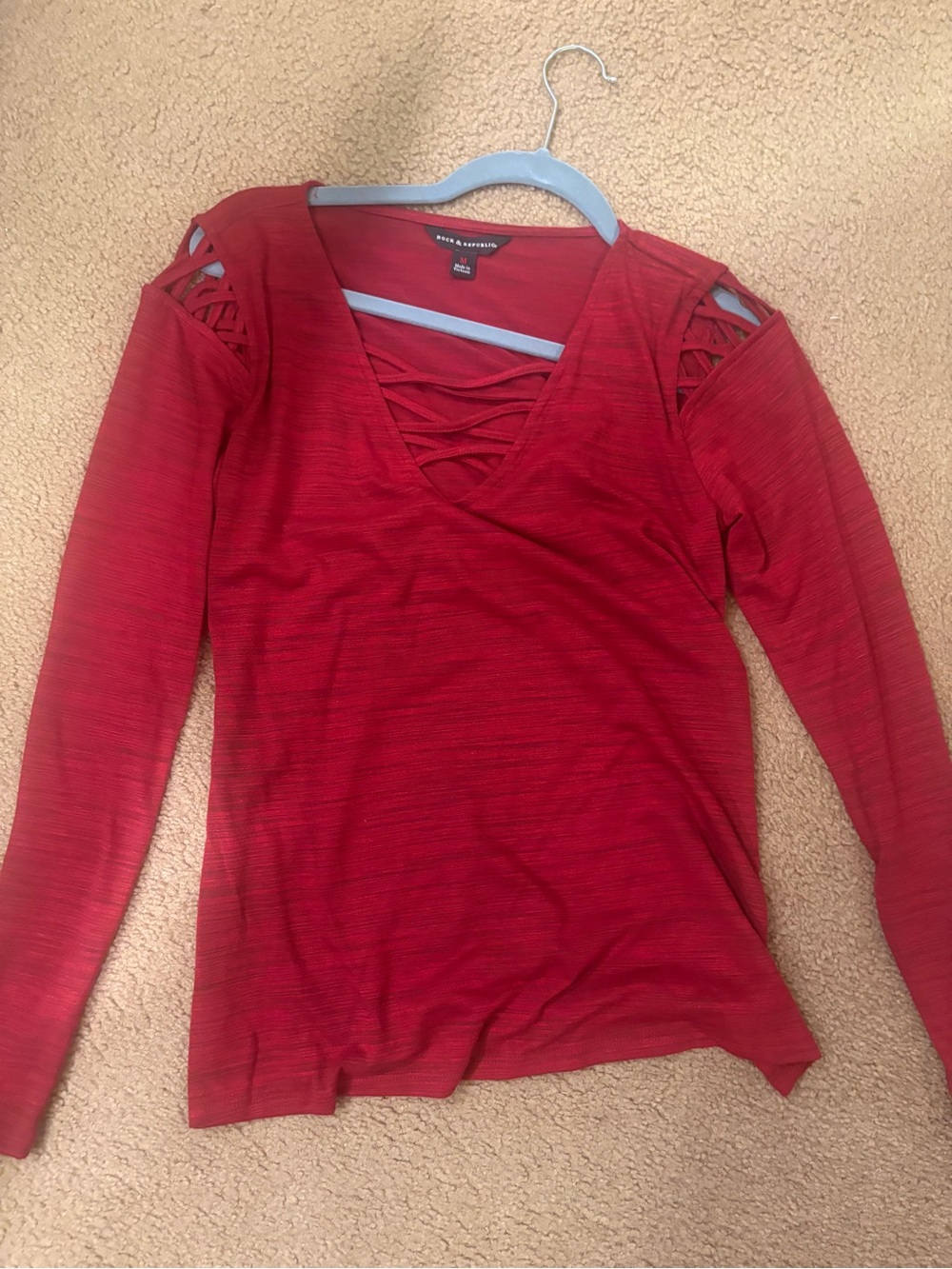 Rock & Republic Red Long Sleeve V-Neck with Crisscross & Shoulder Cutouts